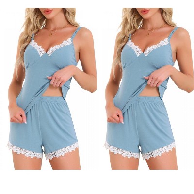 INSPIRE CHIC Women 2 Pcs Lounge Set Sleeveless Lace Spaghetti Strap Ribbed Pajama Sets