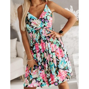 Women's Floral Print Smock Dress Adjustable Straps V-Neck Sundress Elastic Waist Summer Dress - 1 of 4
