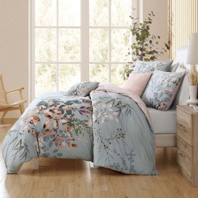 Peach Leaves on Sage Cotton Reversible Queen Comforter Set