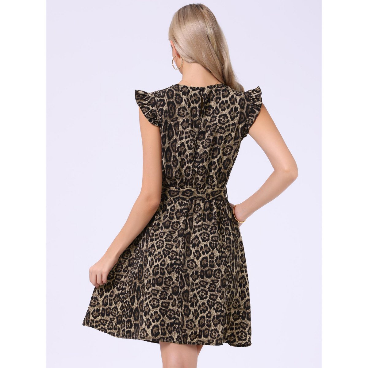 Женские платья INSPIRE CHIC Women's Leopard Ruffled Sleeve Round Neck Flowy Belted A-Line Mini Dresses X-Large Brown — фото 3