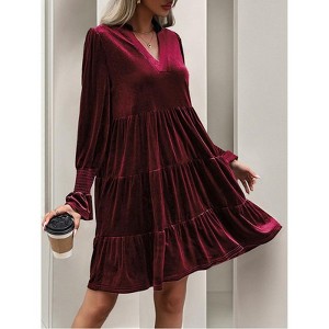 Coolmee Women's Velvet Cocktail DressFall Long Sleeve V Neck High Waist Holiday Semi Formal Mini Party Dresses - 1 of 4