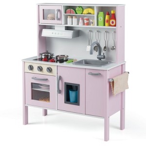 Costway Kids Kitchen Playset Wooden Pretend Play Chef Toy with Microwave & Accessories Pink/White - 1 of 4