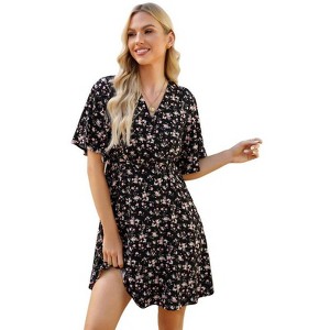 Coolmee Women's Summer Floral Sundress Short Sleeve Wrap V Neck A-Line Midi Dress - 1 of 4