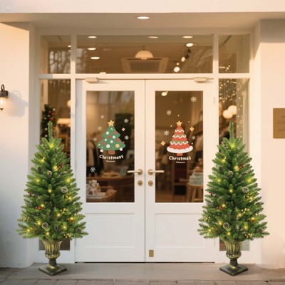 Holiday Xmas Decor，4Pcs Holiday Christmas Decoration Set,2Pcs 4Ft Artificial Trees with Lights, Wreath with Pine Cones & Red Berries