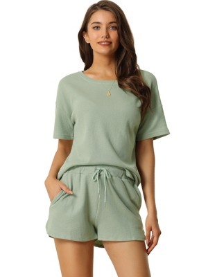 Cheibear Women's V Neck Yoga Flare Sleeve Crop Shirt And Shorts 2 Pieces  Pajama Set Loungewear Green X-small : Target