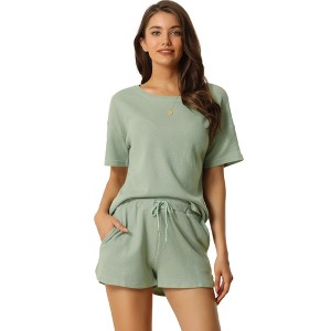 cheibear Women's Casual Pullover Short Sleeve Sleepshirt with Shorts Waffle Pajama Sets - 1 of 4