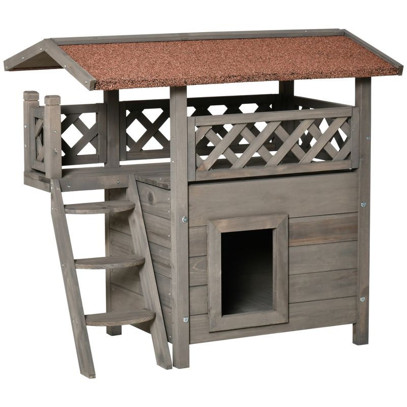 PawHut Outdoor Cat House, 2-Story Shelter for Feral Cats, Wooden Kitten Condo with Asphalt Roof, Stairs, Balcony, 30"x20"x29", Light Gray, 1 of 9