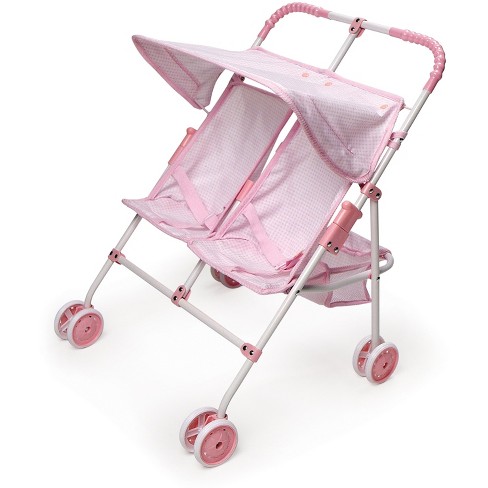 Badger Basket Double Doll Side by Side Umbrella Stroller Pink White Gingham