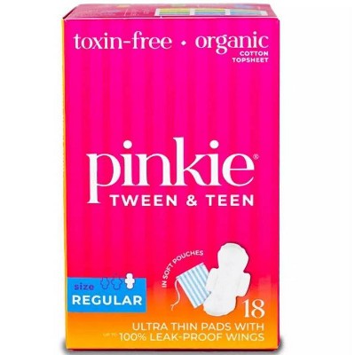 Pinkie Tween & Teen Ultra-Thin Organic Topsheet Pads with Wings - Size Regular - 18ct