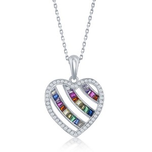 Bella Silver Sterling Silver 3-Row Rainbow CZ Chanel Set with CZ border Open Heart 18" Pendant Necklace - Multi - 1 of 2