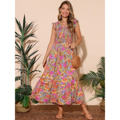 Женские платья INSPIRE CHIC Women's Summer V Neck Ruffle Flutter Sleeve Smocked Tiered Beach Flowy Boho Maxi Dress Grey Green Small — фото 2
