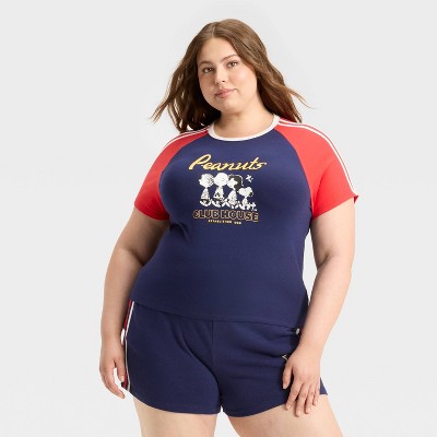 Women's Peanuts Short Sleeve Graphic Baby T-Shirt - Navy