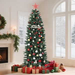 6/7.5/9/12ft Pre-Lit Pencil Christmas Tree with 200 LED Lights, 477 Tips and Foldable Metal Stand, Green - 1 of 4