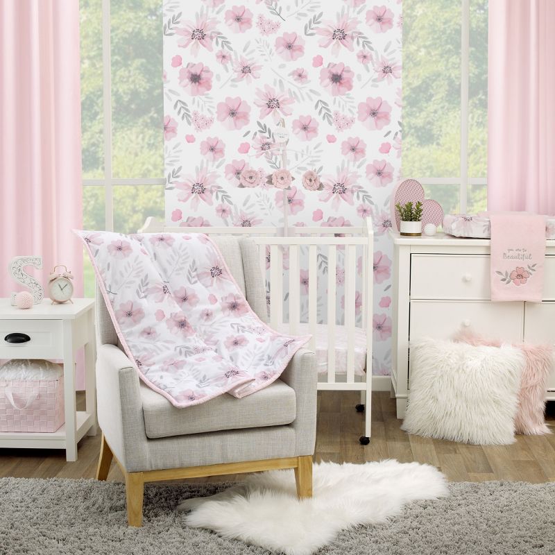 Little Love by NoJo Beautiful Blooms Pink, White, and Grey Floral 3 Piece Nursery Mini Crib Bedding Set - Comforter and Two Fitted Mini Crib Sheets, 5 of 6