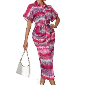 Coolmee Women's Summer Shirt Dress Casual Lapel Short Sleeve Button Down Split Belted Vacation Maxi Dress - 1 of 4