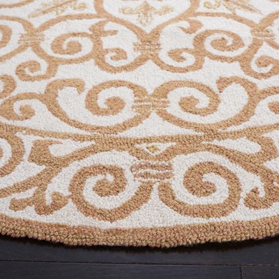 Ivory and Gold Round Hand-Hooked Wool Area Rug