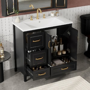 Lyngins 36" Freestanding Bathroom Vanity with Resin Sink, Bathroom Storage Cabinet with Soft-Close 2-Door + 4 Drawers, Gold Handles, Open Back - 1 of 4