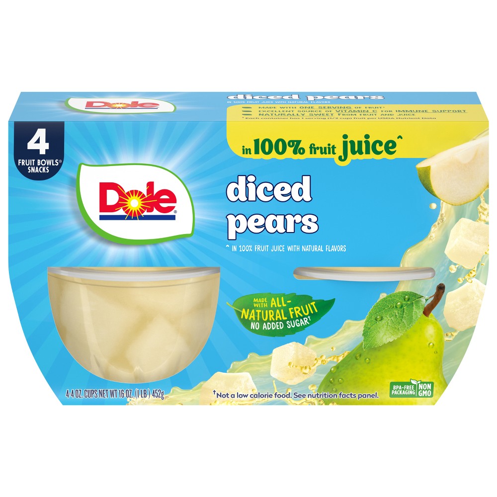 Dole Diced Pears in Juice Fruit Cups - 16oz/4ct