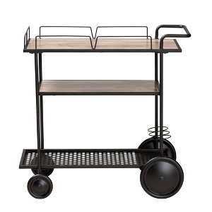 Huntley Wood and Metal Mobile Wine Cart Walnut Brown/Black - Baxton Studio - 1 of 4
