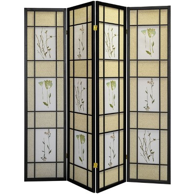 Legacy Decor 3 Panel Natural/Beige Floral Accented Screen Room Divider with Wood Frame and Shoji Paper