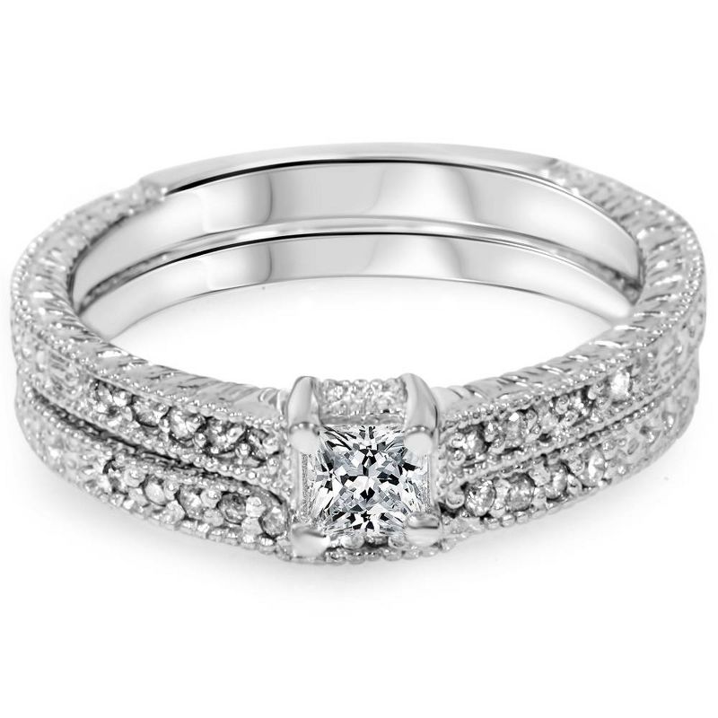 Pompeii3 3/4ct Vintage Princess Cut Diamond Ring Set 14K White Gold, 4 of 6