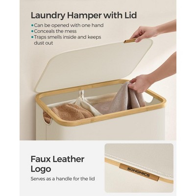 Cream White Collapsible 3-Section Laundry Hamper with Bamboo Lid