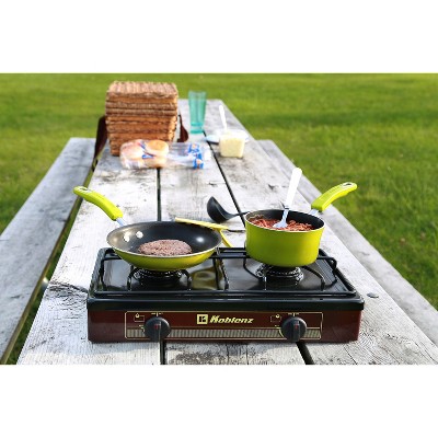 Maroon Portable 2-Burner Outdoor Gas Stove with Porcelain Top
