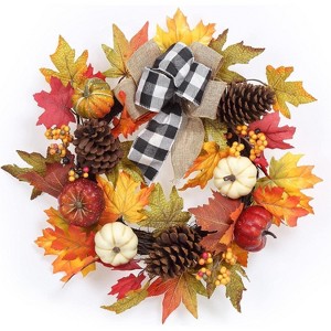 GAOMON Thanksgiving Fall Wreath for Front Door, 20 Inch Autumn Wreath Decoration with Pumpkin, Maple Leaves and Pine Cone - 1 of 4