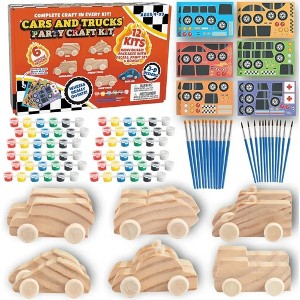 Kids Party Wood Painting Craft Kits (12ct) 3-D Cars - Each Kit Has its Own Brush, Paint, & Figure- 6 Designs Include Taxi, Trucks & More - 1 of 4
