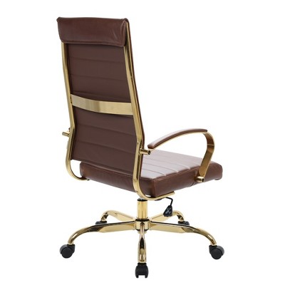 Benmar High-Back Brown Leather Swivel Office Chair with Gold Frame