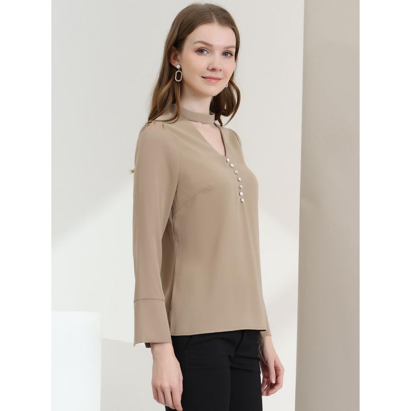 Allegra K Women's Keyhole Stand Collar Blouse Long Sleeve Button Front Work Blouses, 4 of 6