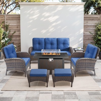 Buenhomino 5PCS Outdoor Patio Furniture Set with Fire Pit,PE Wicker Patio Conversation Sets, 43" 50000BTU Gas Propane Fire Pit Table,Wicker Chairs Set