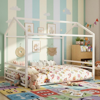 Polibi Montessori Metal House Floor Bed Frame with Fence