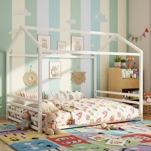 Polibi Montessori Metal House Floor Bed Frame with Fence - 1 of 4