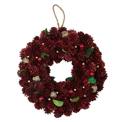 Northlight 9.5" Unlit Wine Burgundy/Gold Glitter Pine Cone Artificial Christmas Wreath