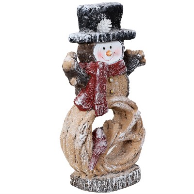 Sunnydaze Indoor Rustic Log Snowman with Cardinal Pre-Lit Holiday Decoration for Table, Fireplace Mantle, or Shelf - 17"