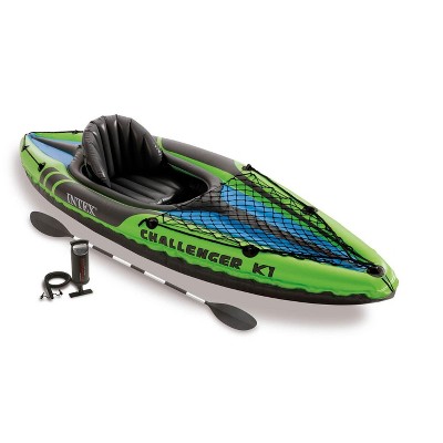 Intex Challenger K1 Inflatable Single Person Kayak Set and Accessory Kit with Aluminum Oar and High Output Air Pump built for Lakes, Rivers, & Fishing