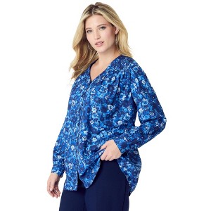 Roaman's Women's Plus Size Smocked V-Neck Tunic - 1 of 4