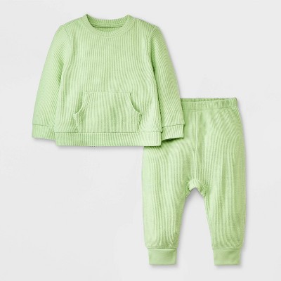 Image of Baby Thermal Ribbed Top & Bottom Set - Cat & Jack™ Green 0-3M