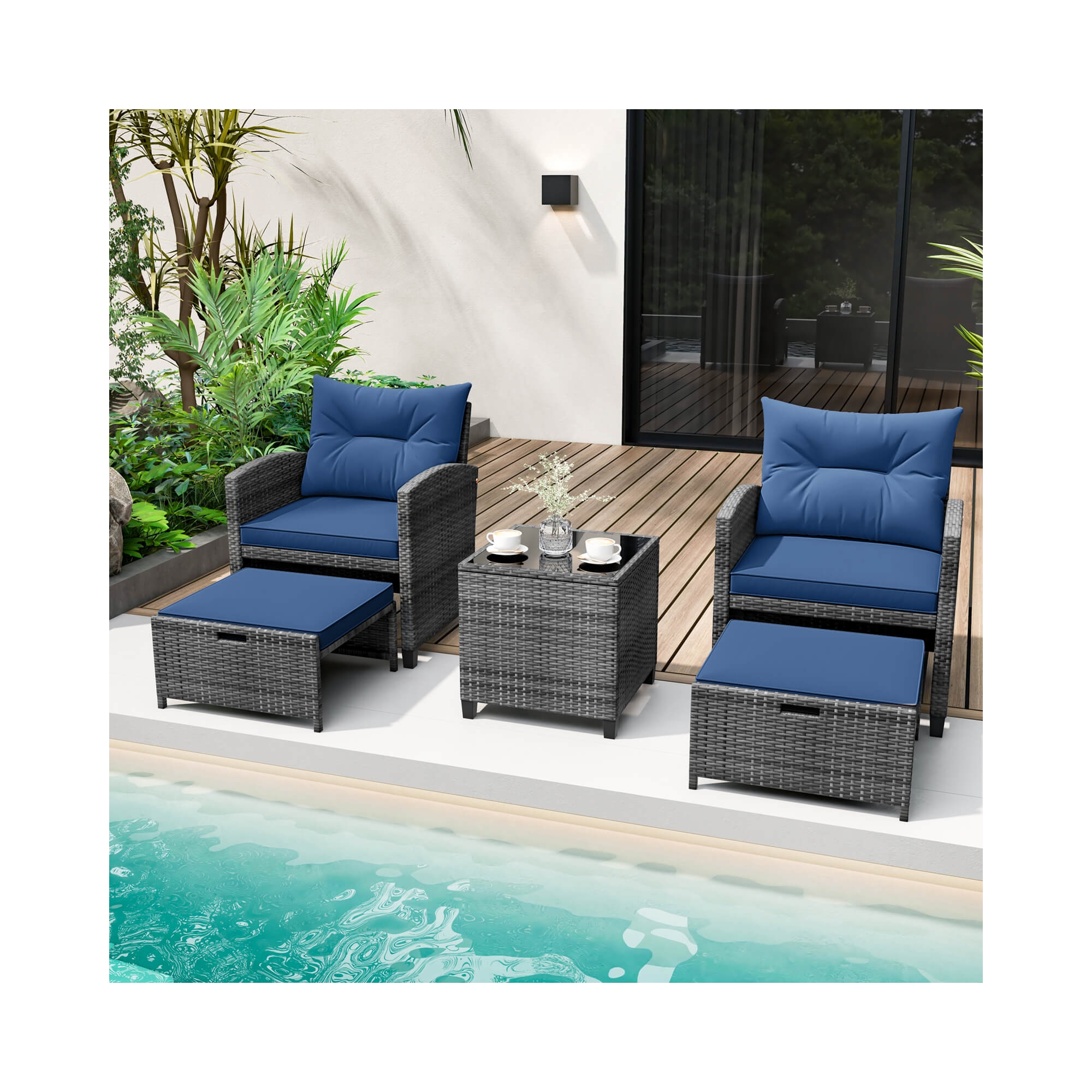 Costway 5 Piece Patio Rattan Furniture with 2 Ottomans & Tempered Glass Coffee Table Navy