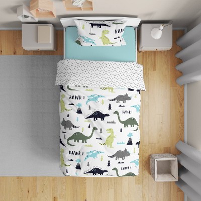 Blue and Green Dinosaur Toddler Bedding Set with Chevron Print