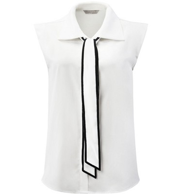 INSPIRE CHIC Women's Button Down Shirt Contrast Color Tie Neck Cap Sleeve Office Blouse