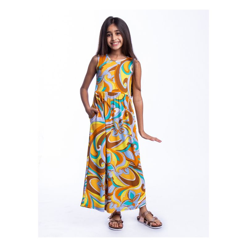 24seven Comfort Apparel Girls Yellow Floral Print Sleeveless Maxi Dress, 1 of 5