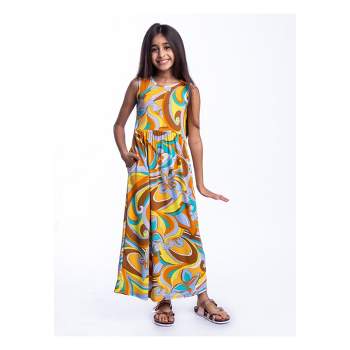 24seven Comfort Apparel Girls Yellow Floral Print Sleeveless Maxi Dress