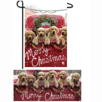 Evergreen Red Truck with Puppies Garden Burlap Flag and Sassafras Mat Set (14B9272ECM+431702)