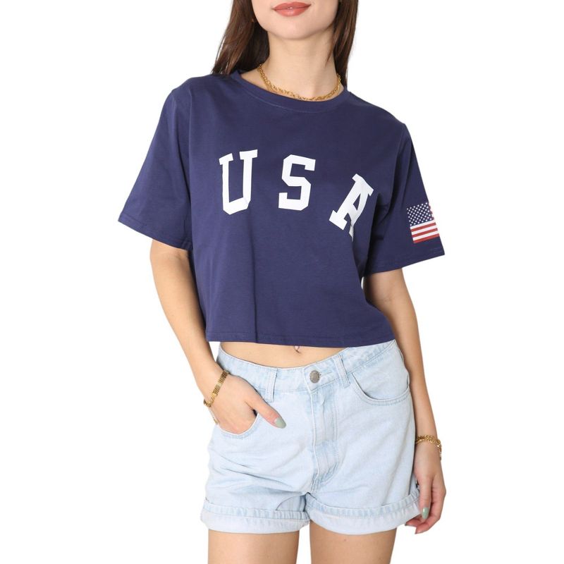 Anna-Kaci Women's Letter Print Crop Top Short Sleeve July 4th USA Flag T-Shirt, 1 of 6
