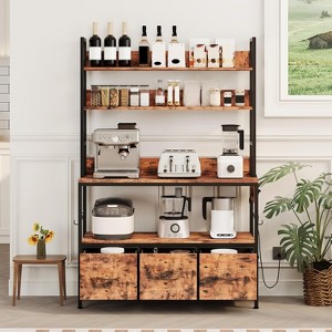 Kitchen Bakers Rack with Power Outlet, 5-Tier Freestanding Microwave Stand with Drawers & Storage Shelves, Metal Coffee Bar Station, Vintage Brown - 1 of 4