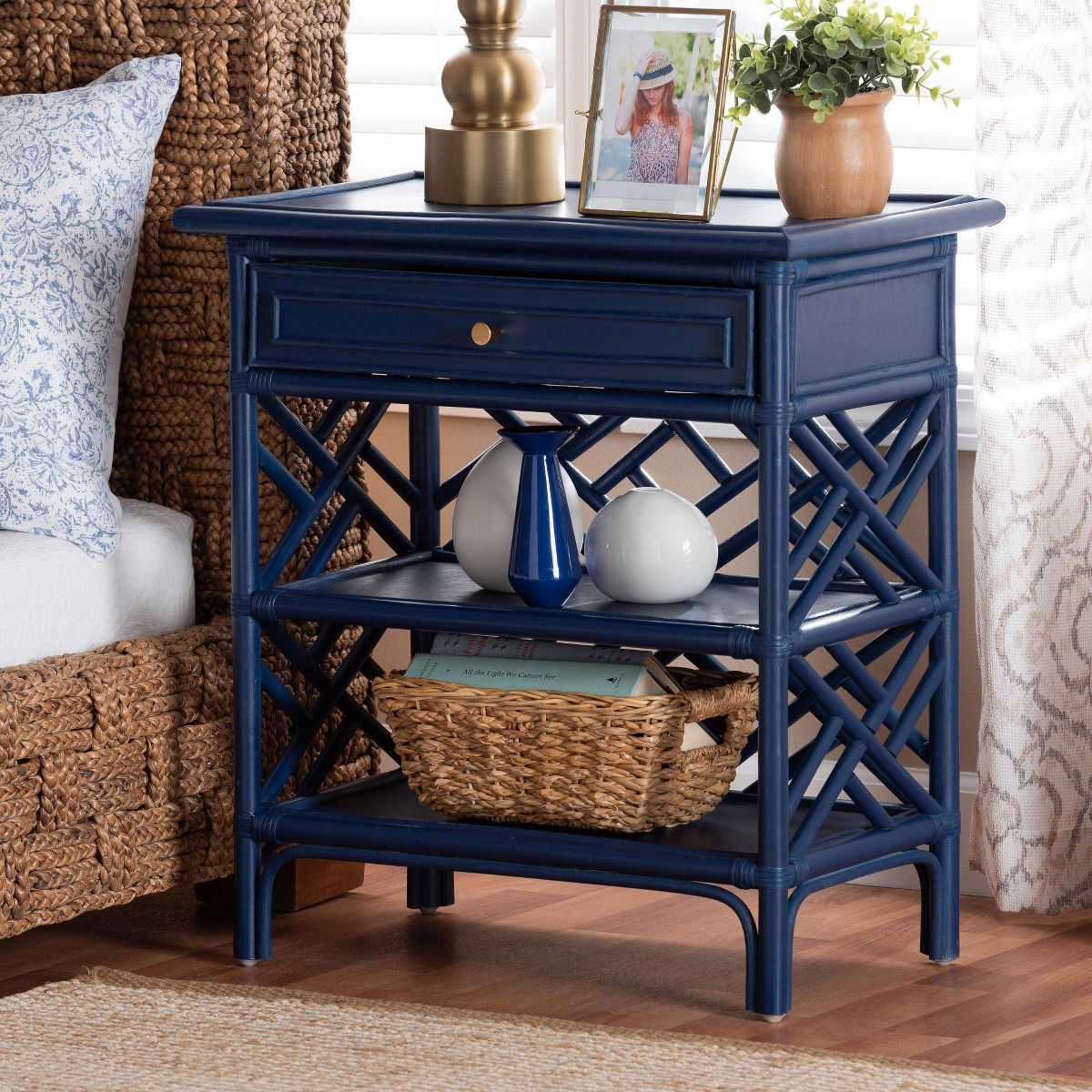 bali & pari Tiaret Natural Rattan Nightstand with Drawer and Shelves Blue - thumbnail 9