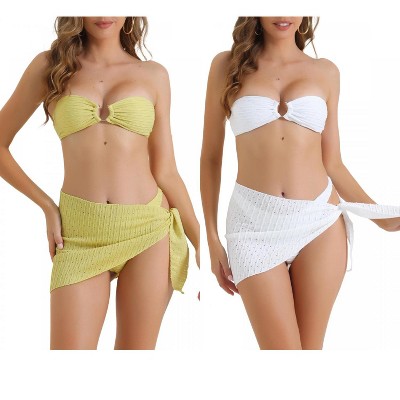 INSPIRE CHIC Women's O Ring Bandeau Ribbed Triangle Bottoms with Cover Up Bottoms Swimwear Bathing Bikini Suits 2 Sets