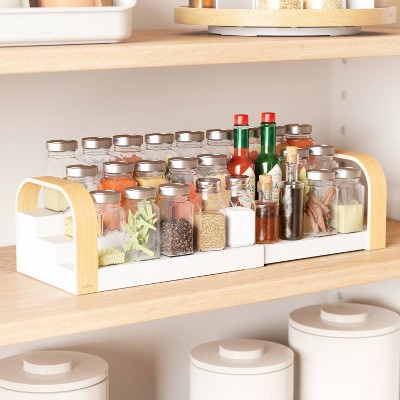 White and Natural Wood 3-Tier Revolving Spice Shelf